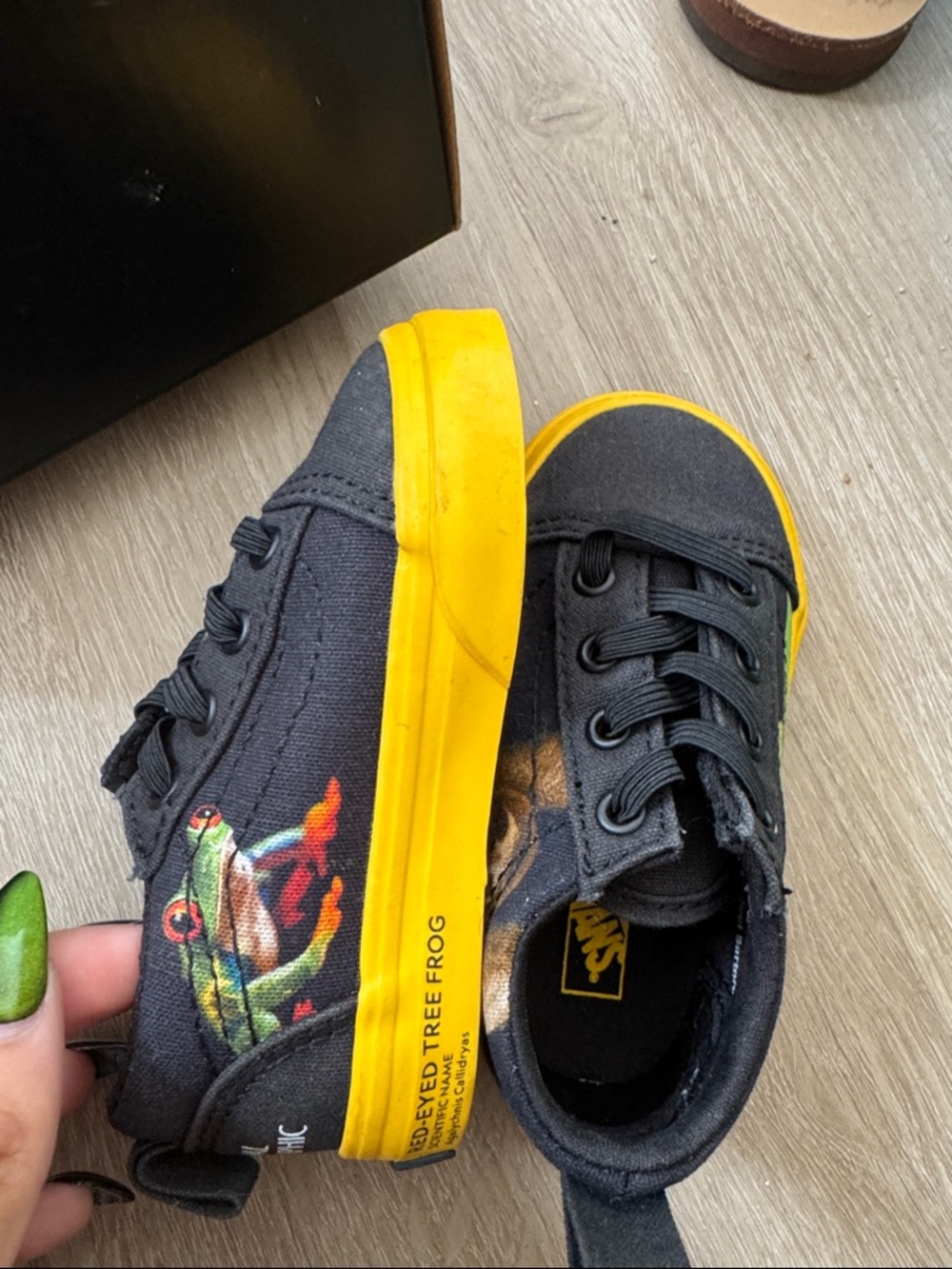 Vans Kids Black Sneakers with Yellow Sole and Frog Graphic
